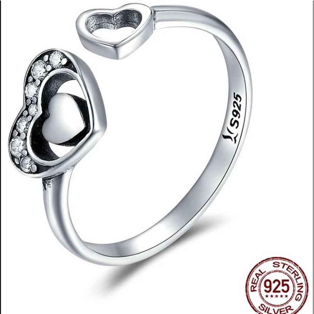 New 925 Sterling Silver Heart in Heart Pave Ring